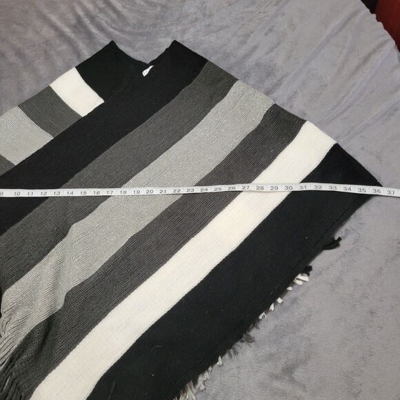 Janice Poncho Womens Medium Black White Striped One Size Shirt Square Fringe Top - Picture 6 of 11